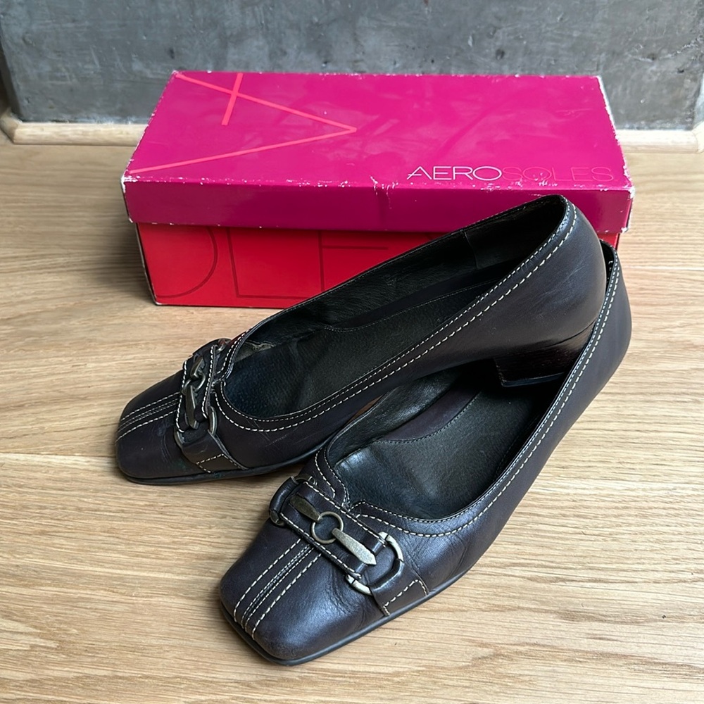 Aerosoles stacked heel, square toe brown flat in  original box, size 10B
